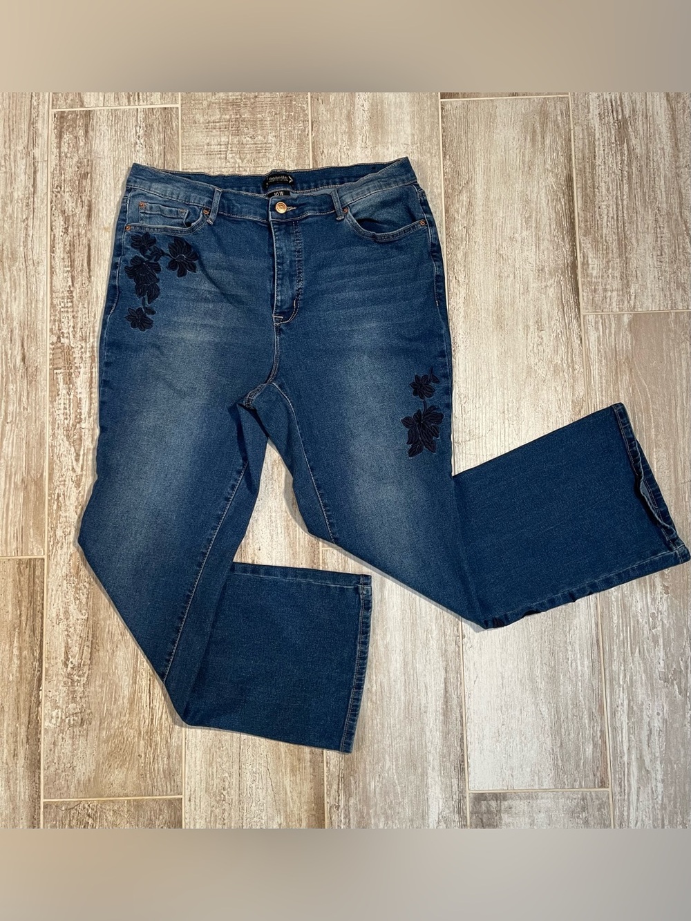 Nanette Belle Dark Blue Bootcut Jeans with Black Floral Embroidery